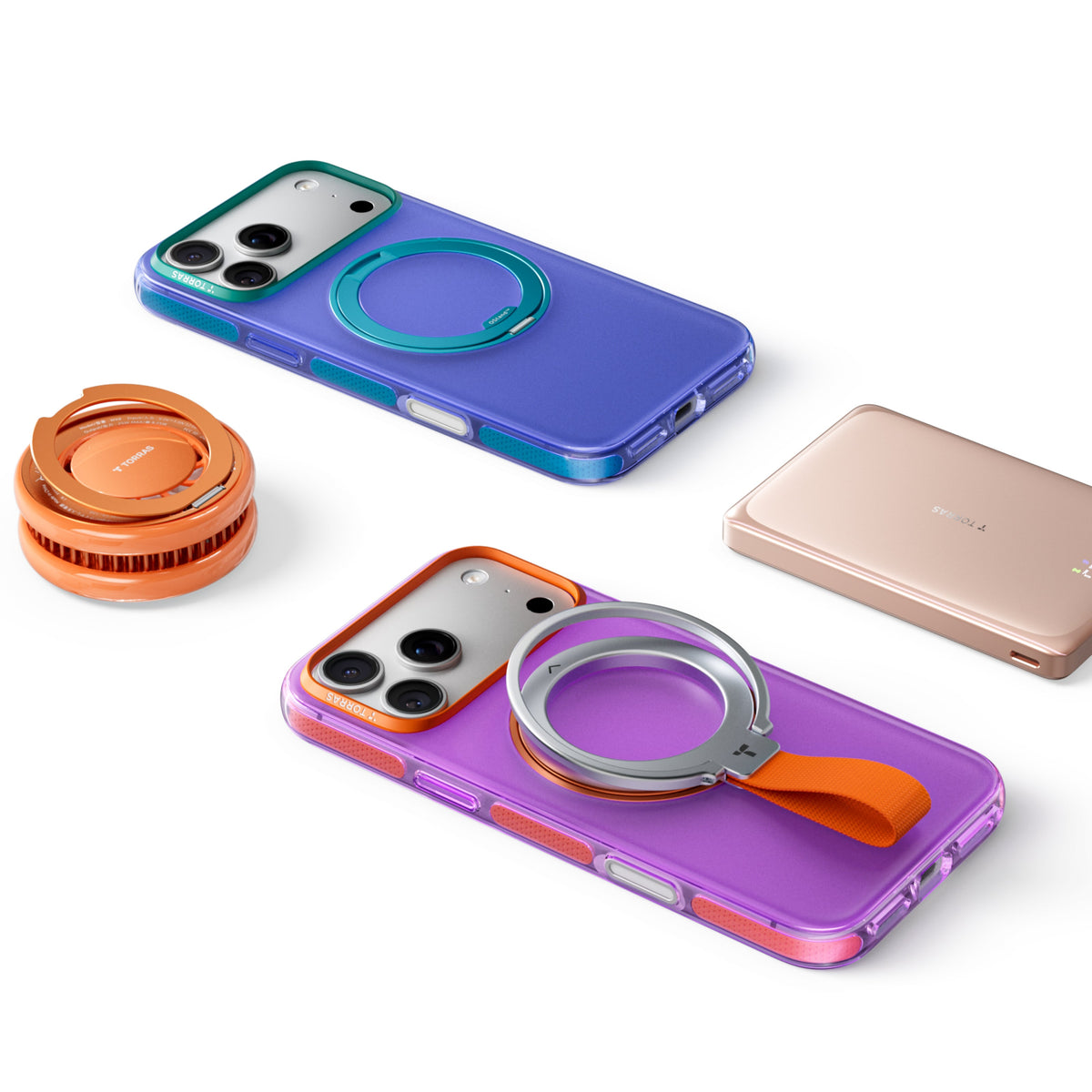 Flat lay of blue and purple Hue cases with a TORRAS cup mount and a rose-gold power bank