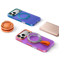 Flat lay of blue and purple Hue cases with a TORRAS cup mount and a rose-gold power bank
