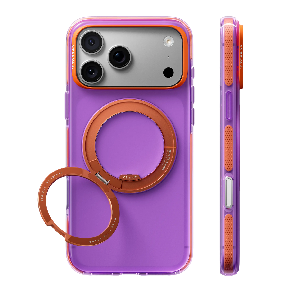 Purple Hue case with an orange ring stand on a silver iPhone 18 Pro Max, back and side views