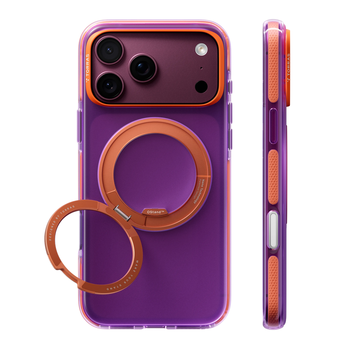 Sweet Plum Ostand Hue case on iPhone 18 Pro Max, back and side views: deep plum translucent, orange ring stand