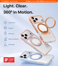 Ostand O3 Light overview: clear case with coloured ring stand — crystal clear, magnetic, 360° stand, military shockproof, slim design, iF Design Award 2025