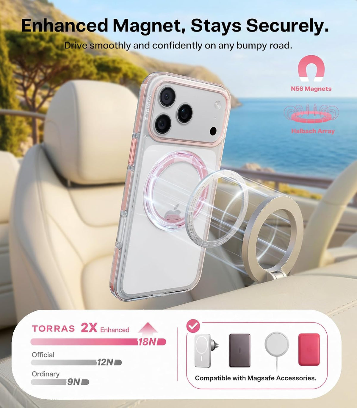 Clear Pink Ostand O3 Light on a car magnetic mount — 2X enhanced N56 magnets, 18N hold, compatible with MagSafe accessories