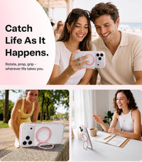 People using the Clear Pink Ostand O3 Light ring stand to rotate, prop and grip the phone