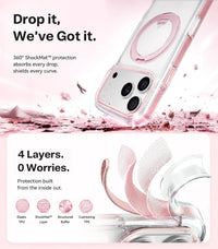 Clear Pink Ostand O3 Light dropped into water — 360° ShockMat protection, 4 layers: elastic TPU, ShockMat, structured buffer, cushioning TPE