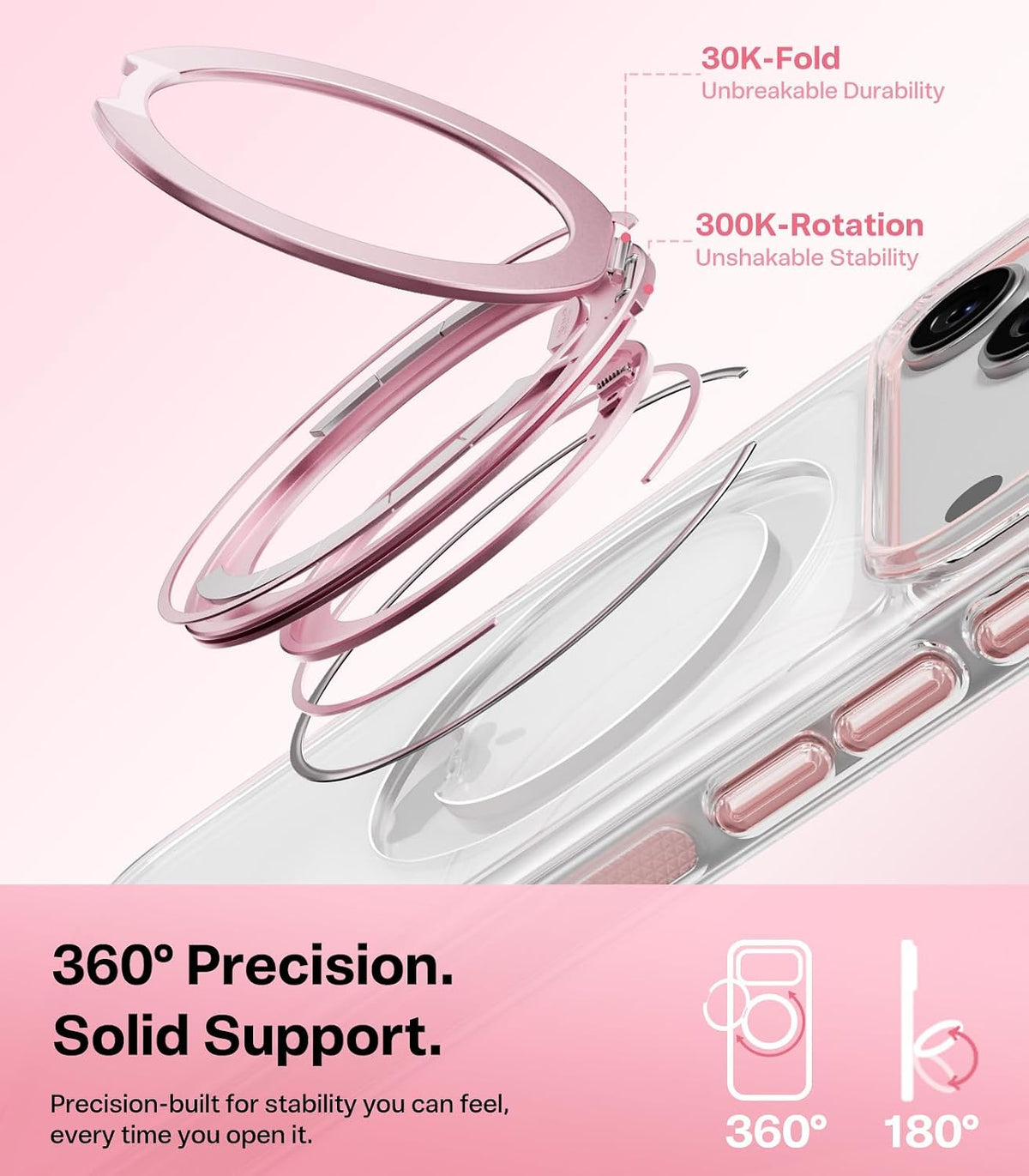 Exploded view of the Clear Pink Ostand O3 Light ring stand — 30K-fold and 300K-rotation durability, 360° rotation, 180° tilt