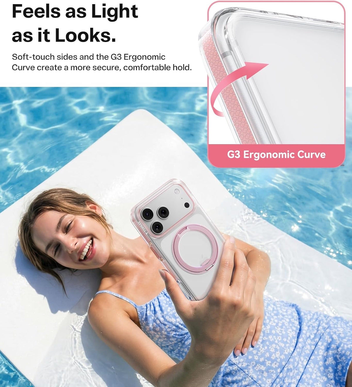 Woman holding the Clear Pink Ostand O3 Light — soft-touch sides and G3 ergonomic curve