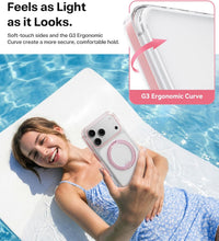 Woman holding the Clear Pink Ostand O3 Light — soft-touch sides and G3 ergonomic curve