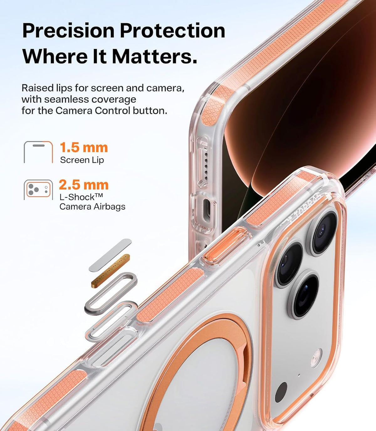 Exploded view of the Clear Orange Ostand O3 Light ring stand — 30K-fold and 300K-rotation durability