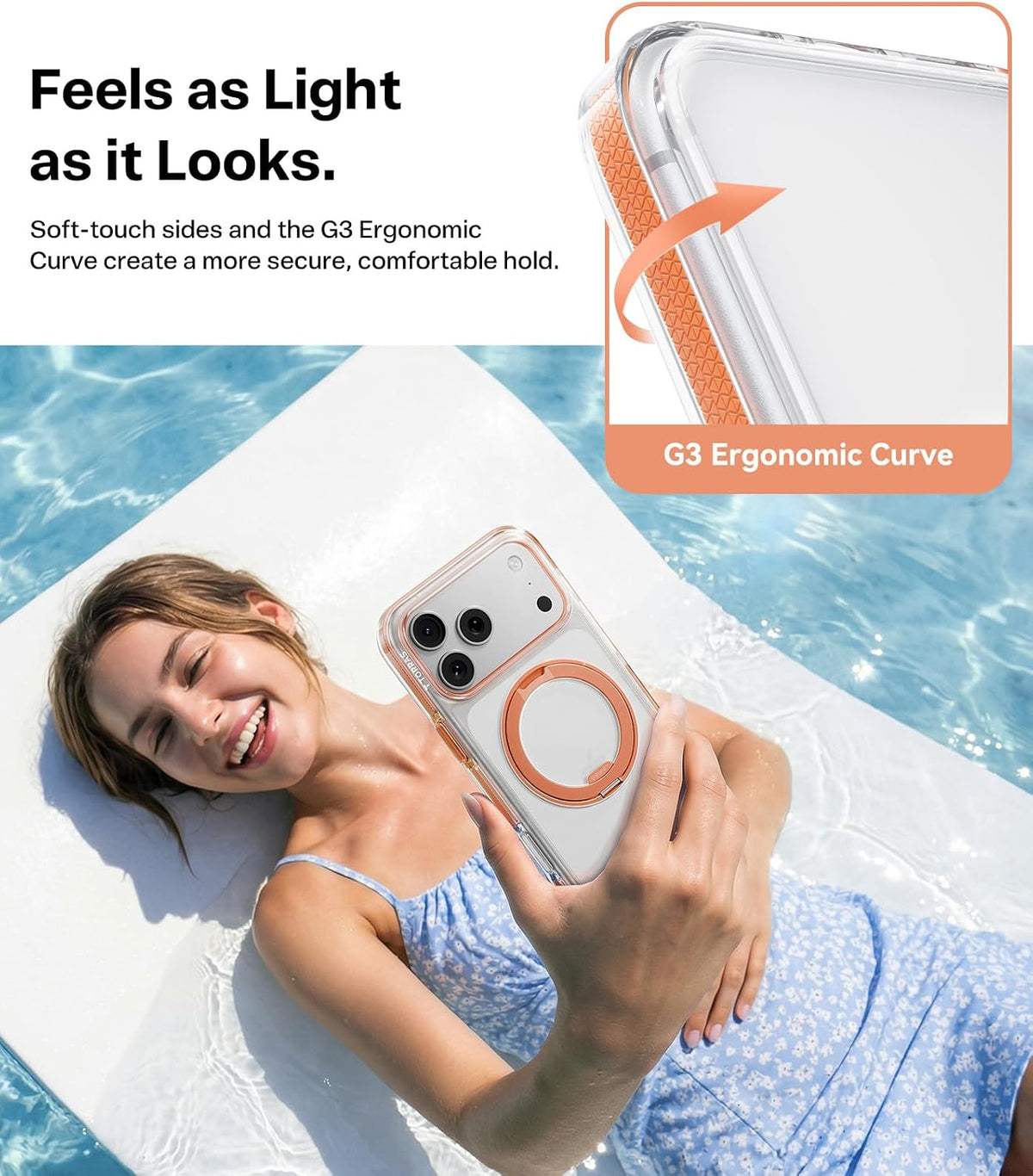 Woman holding the Clear Orange Ostand O3 Light — soft-touch sides and G3 ergonomic curve