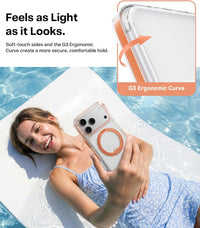 Woman holding the Clear Orange Ostand O3 Light — soft-touch sides and G3 ergonomic curve