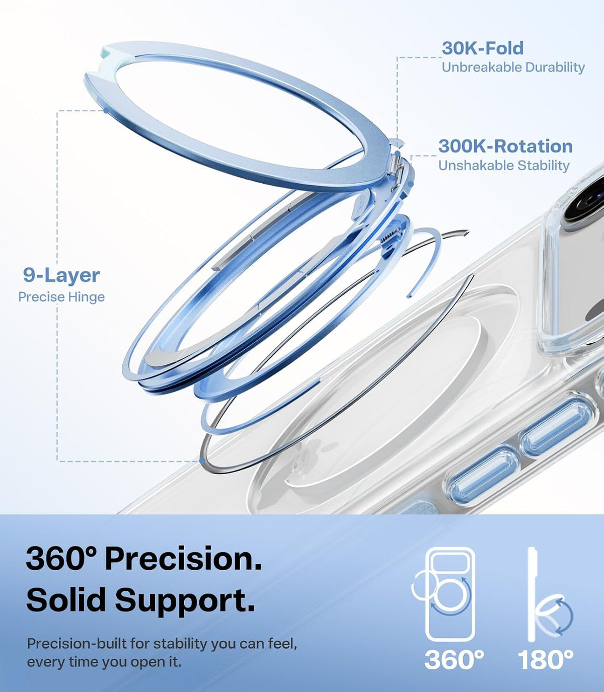 Exploded view of the Clear Blue Ostand O3 Light ring stand — 30K-fold and 300K-rotation durability