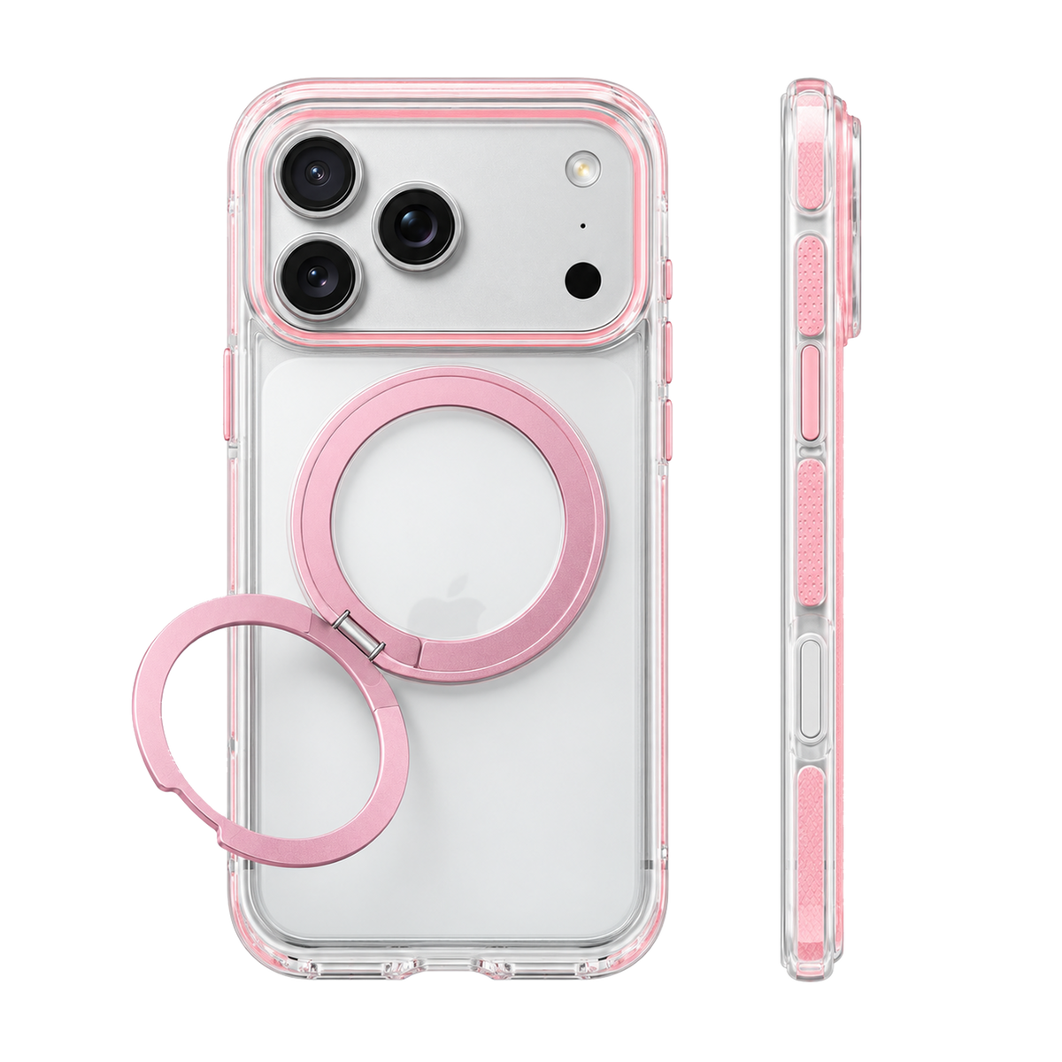 Clear Pink Ostand O3 Light case on iPhone 18 Pro Max, back and side views with the O3 double ring stand open