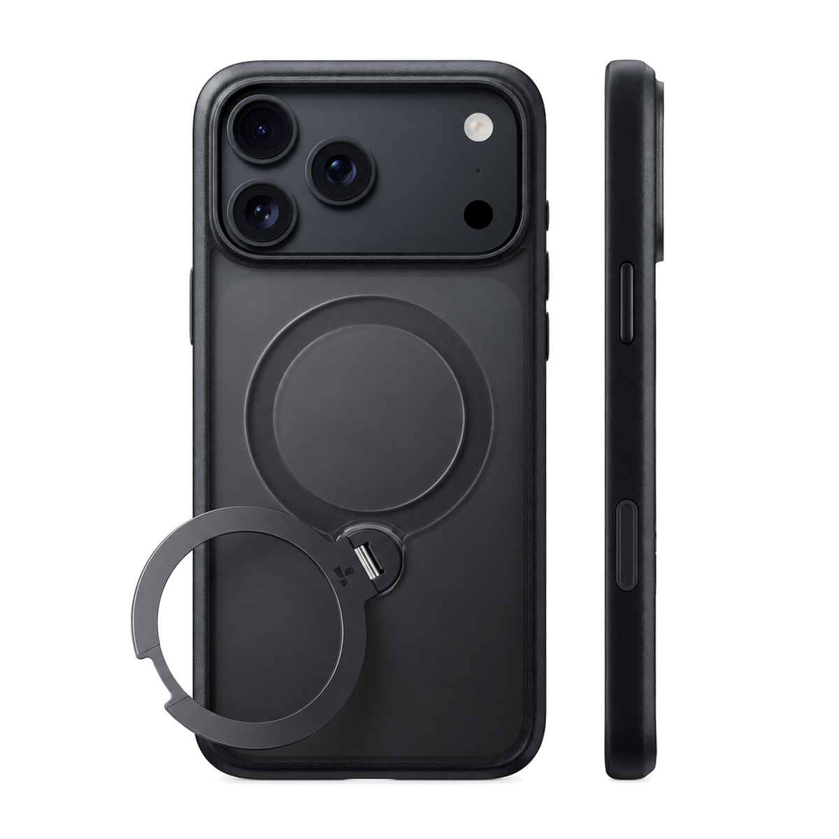Black Ostand Q1 Guardian case on iPhone 18 Pro Max, back and side views with the aluminum ring stand open