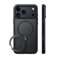 Black Ostand Q1 Guardian case on iPhone 18 Pro Max, back and side views with the aluminum ring stand open