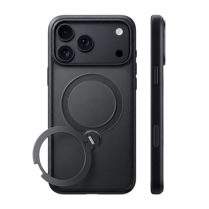 Black Ostand Q1 Guardian case on iPhone 18 Pro Max, back and side views with the aluminum ring stand open