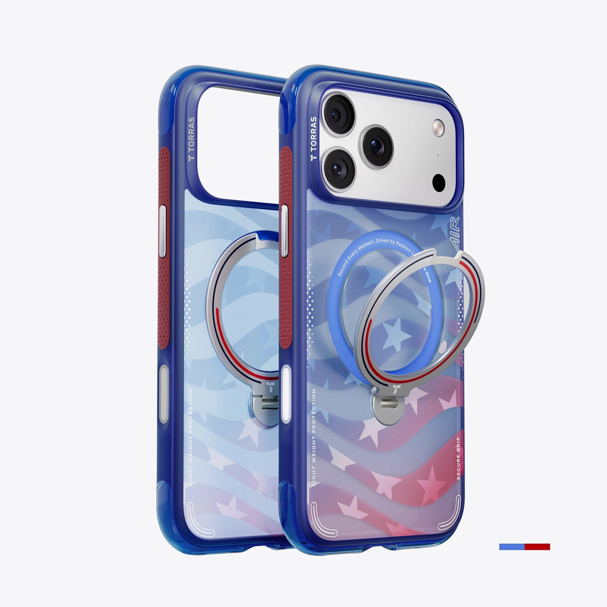 Starlight Q3 Air Football case, an empty shell and one on an iPhone 18 Pro Max: blue frame, stars-and-stripes back