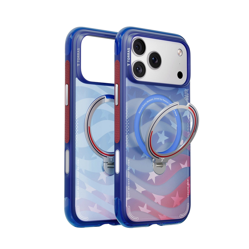 Starlight Q3 Air Football case, an empty shell and one on an iPhone 18 Pro Max: blue frame, stars-and-stripes back