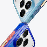 Close-up of two Football camera corners, pale blue with gold pads above and blue with coral pads below
