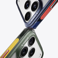 Close-up of two Football camera corners, navy with red pads above and olive with yellow pads below