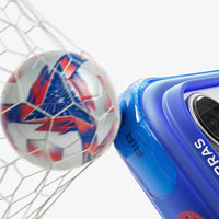 A football hitting the net beside the blue Q3 Air Football case's camera corner