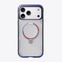 Navy Football case flat back on iPhone 18 Pro Max: frosted back with a navy-and-red striped ring stand