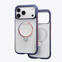 Navy Football case at an angle beside an empty shell showing the magnet ring and coral side pad
