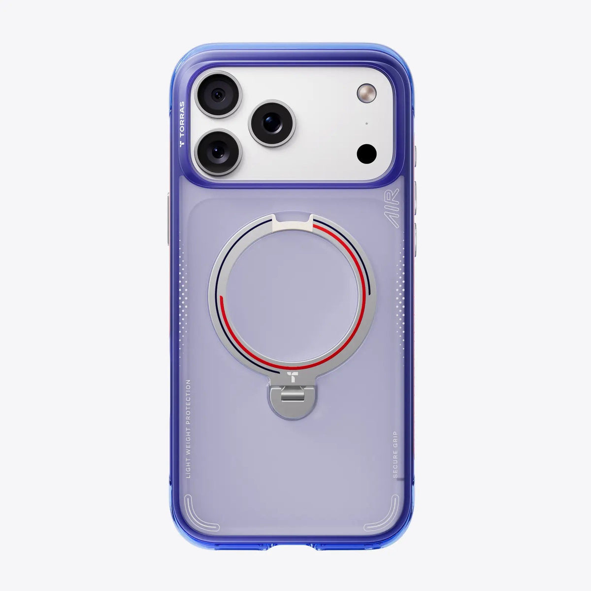 Violet-blue Football case flat back on iPhone 18 Pro Max: lilac frosted back with a red-arc ring stand