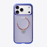 Violet-blue Football case flat back on iPhone 18 Pro Max: lilac frosted back with a red-arc ring stand