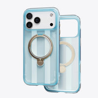 Pale blue and white striped Football case at an angle beside an empty shell, gold ring stand