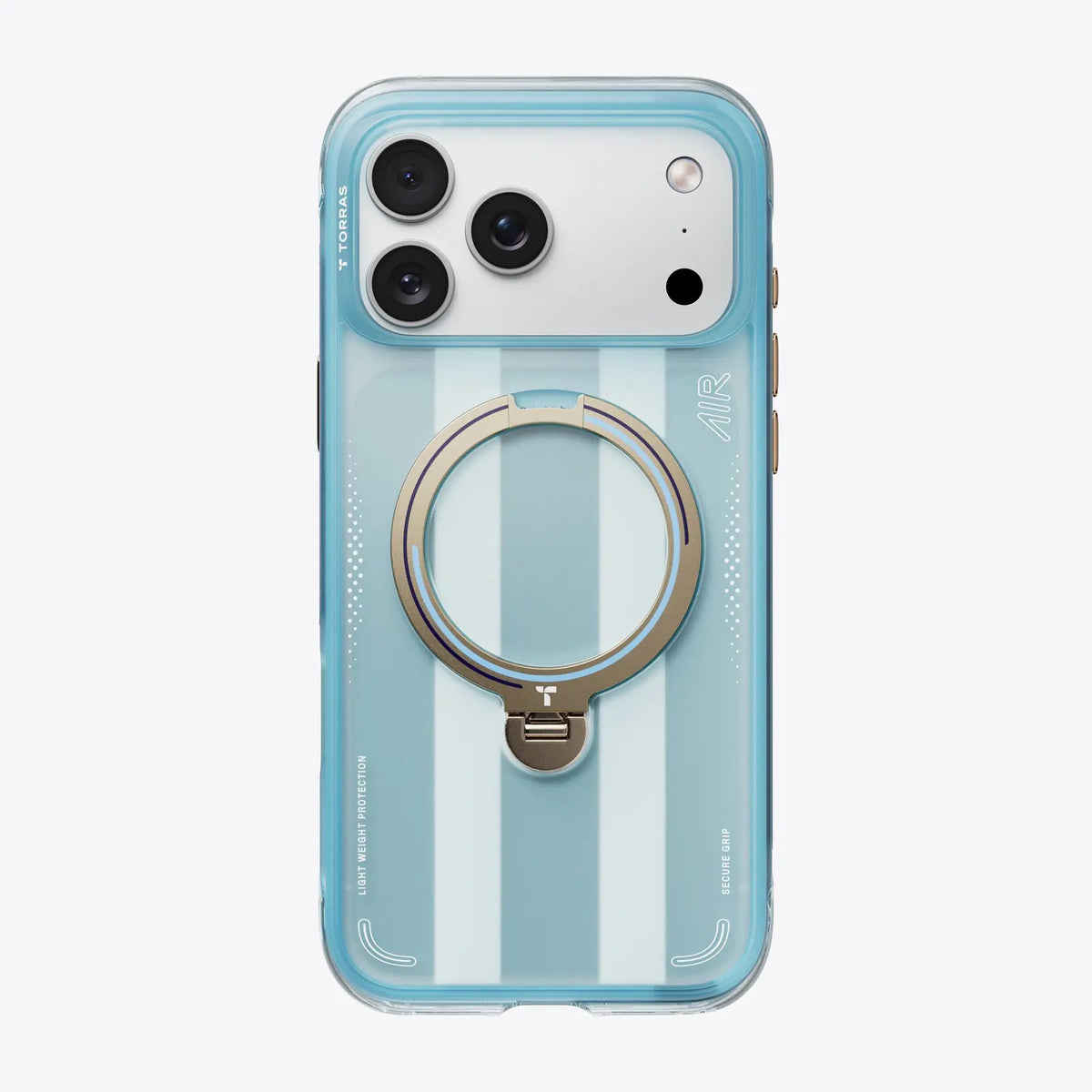 Pale blue and white striped Football case flat back on an iPhone 18 Pro Max with a gold ring stand