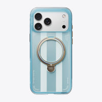 Pale blue and white striped Football case flat back on an iPhone 18 Pro Max with a gold ring stand
