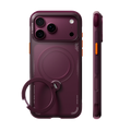 Cosmic Purple Ostand Q3 Air case on iPhone 18 Pro, back and side views: deep plum back, matching ring stand, orange side button