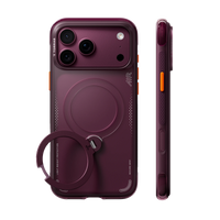 Cosmic Purple Ostand Q3 Air case on iPhone 18 Pro, back and side views: deep plum back, matching ring stand, orange side button