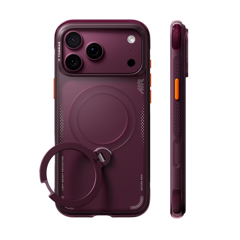 Cosmic Purple Ostand Q3 Air case on iPhone 18 Pro, back and side views: deep plum back, matching ring stand, orange side button