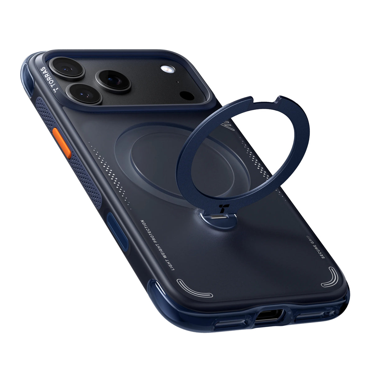 Navy Ostand Q3 Air case at an angle with its blue ring stand swung open, charge port in view