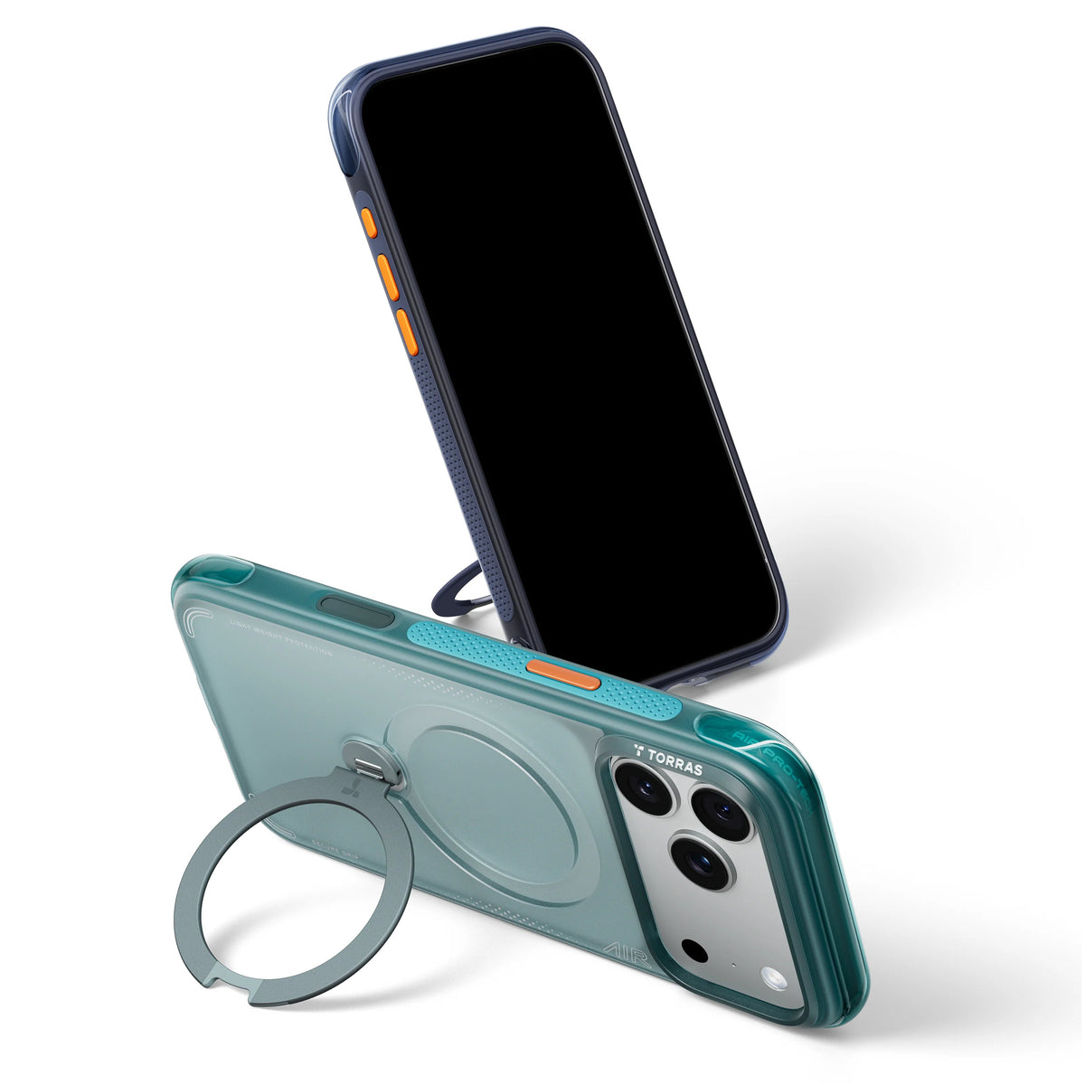 Teal Ostand Q3 Air case propped on its ring kickstand beside an iPhone 18 Pro standing screen-out in the navy case