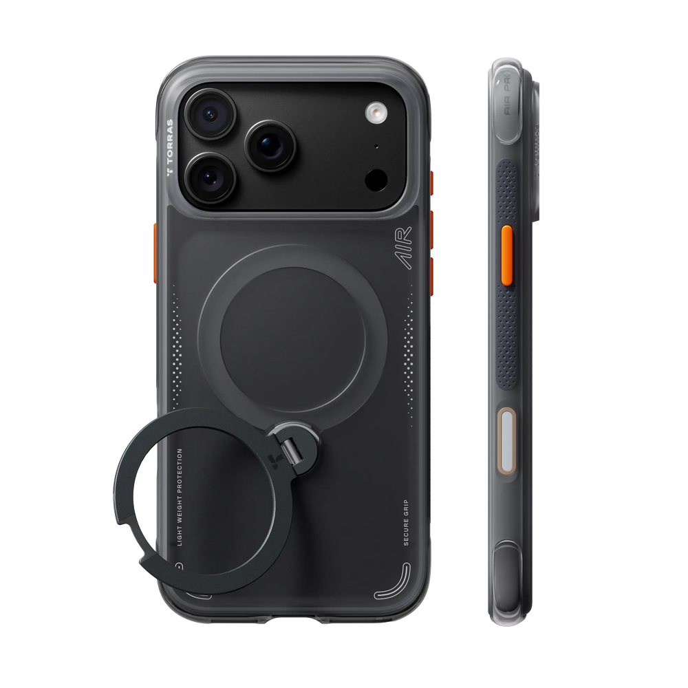 Shadow Black Ostand Q3 Air case on iPhone 18 Pro, back and side views: smoke-grey back, dark ring stand, orange side button