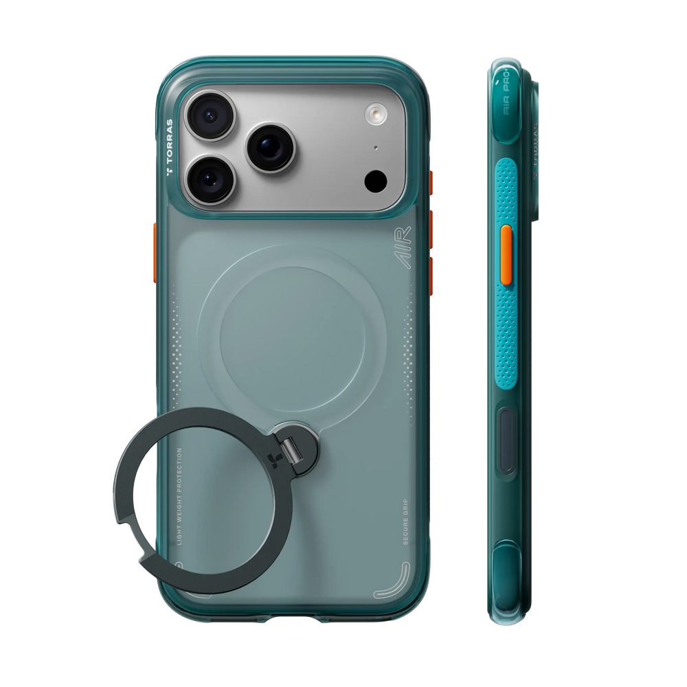 Glacier Sprint Ostand Q3 Air case on iPhone 18 Pro, back and side views: pine-green back, dark ring stand, orange side button