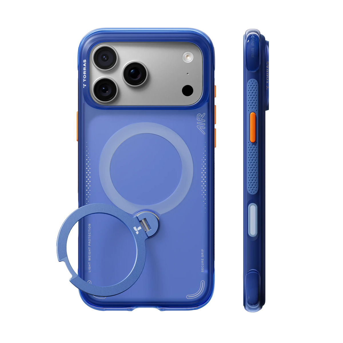 Blue Ostand Q3 Air case on iPhone 18 Pro, back and side views: MagSafe ring outline on the back and a blue ring stand