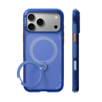 Blue Ostand Q3 Air case on iPhone 18 Pro, back and side views: MagSafe ring outline on the back and a blue ring stand