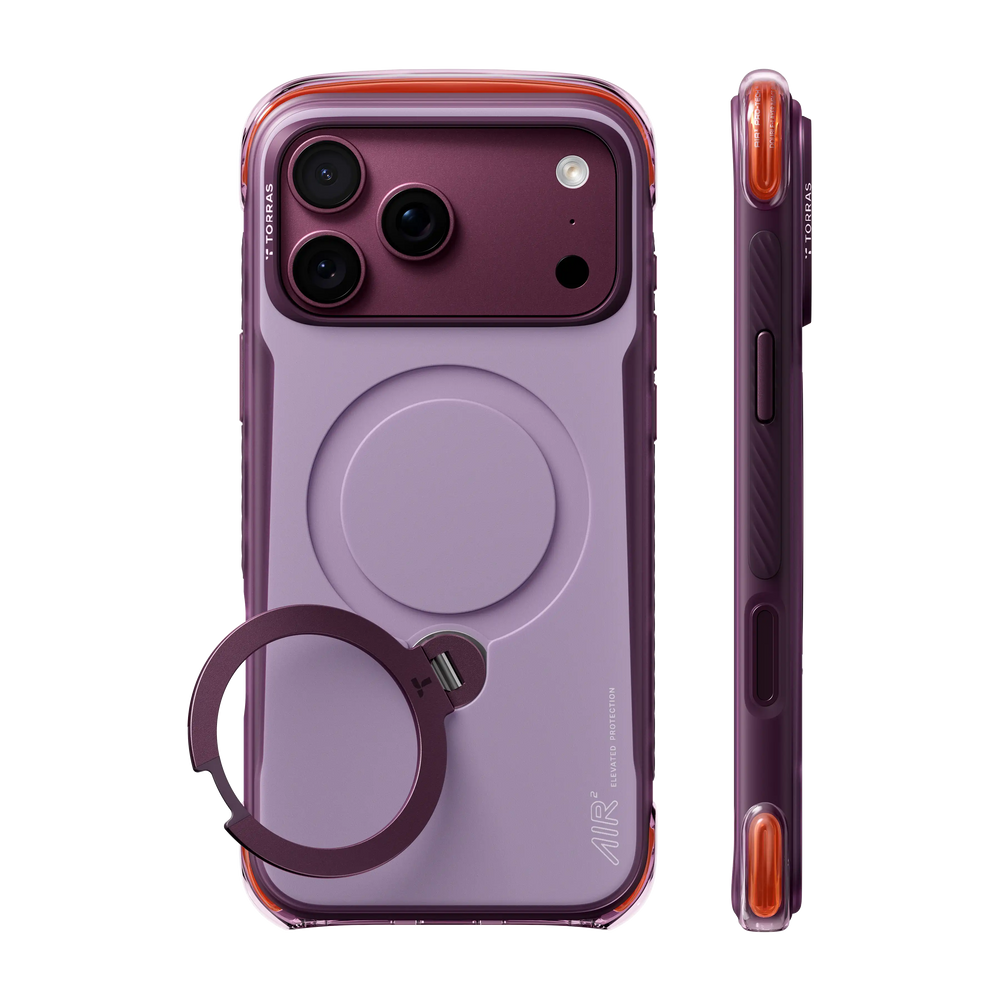 Violet Summit Q3 Air Pro case on iPhone 18 Pro, back and side views: lilac frosted back, plum ring stand, orange side buttons