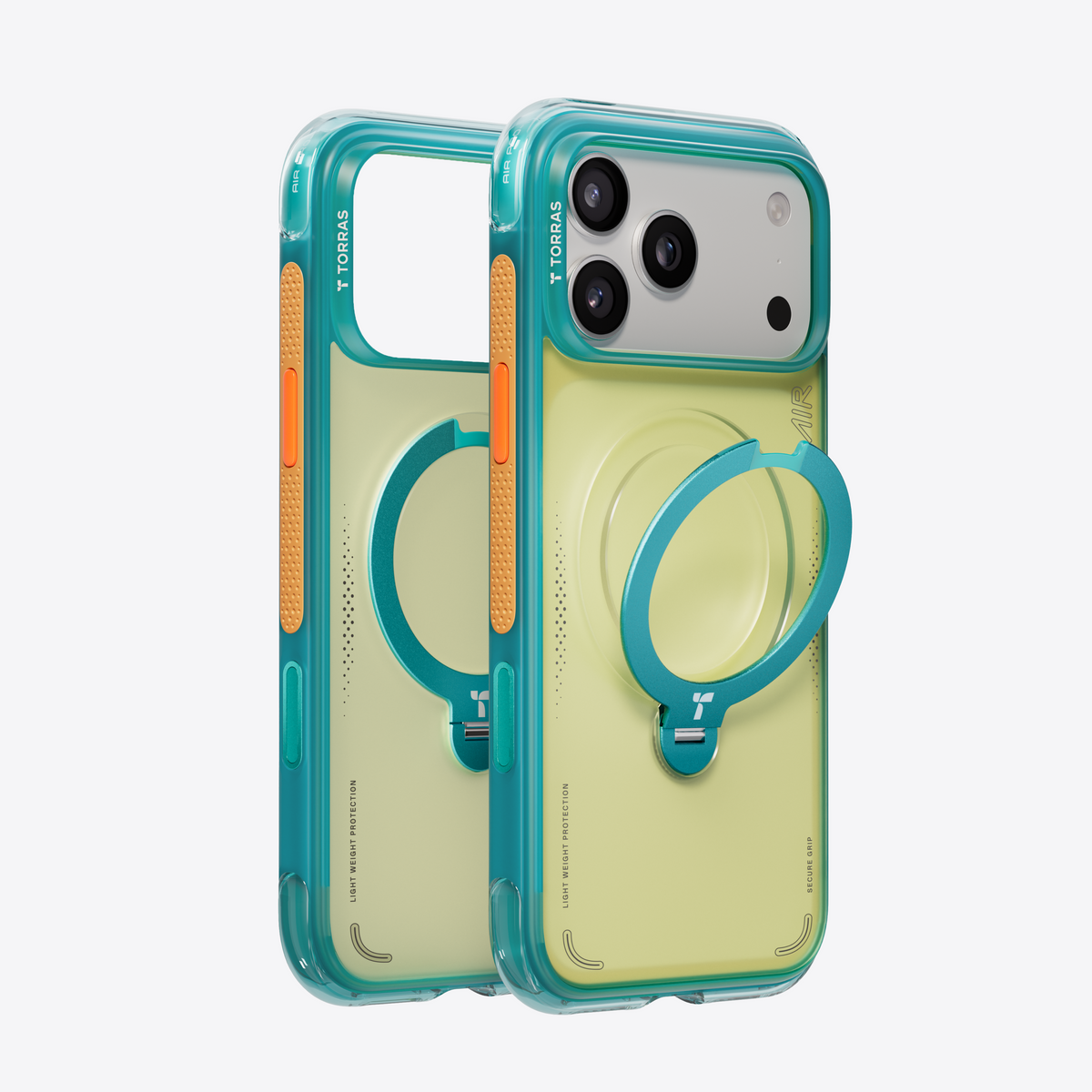 Lemon Sky Q3 Air Summer case, an empty shell and one on an iPhone 18 Pro Max: teal frame, pale lemon back