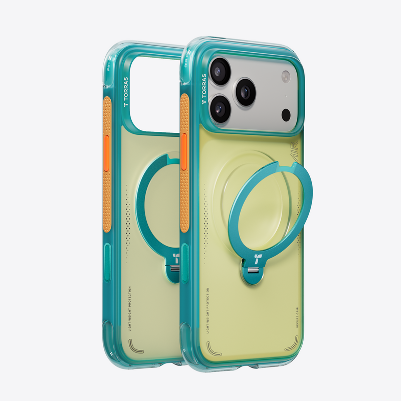 Lemon Sky Q3 Air Summer case, an empty shell and one on an iPhone 18 Pro Max: teal frame, pale lemon back