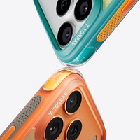Close-up of two Q3 Air Summer camera corners, teal case above and coral case below