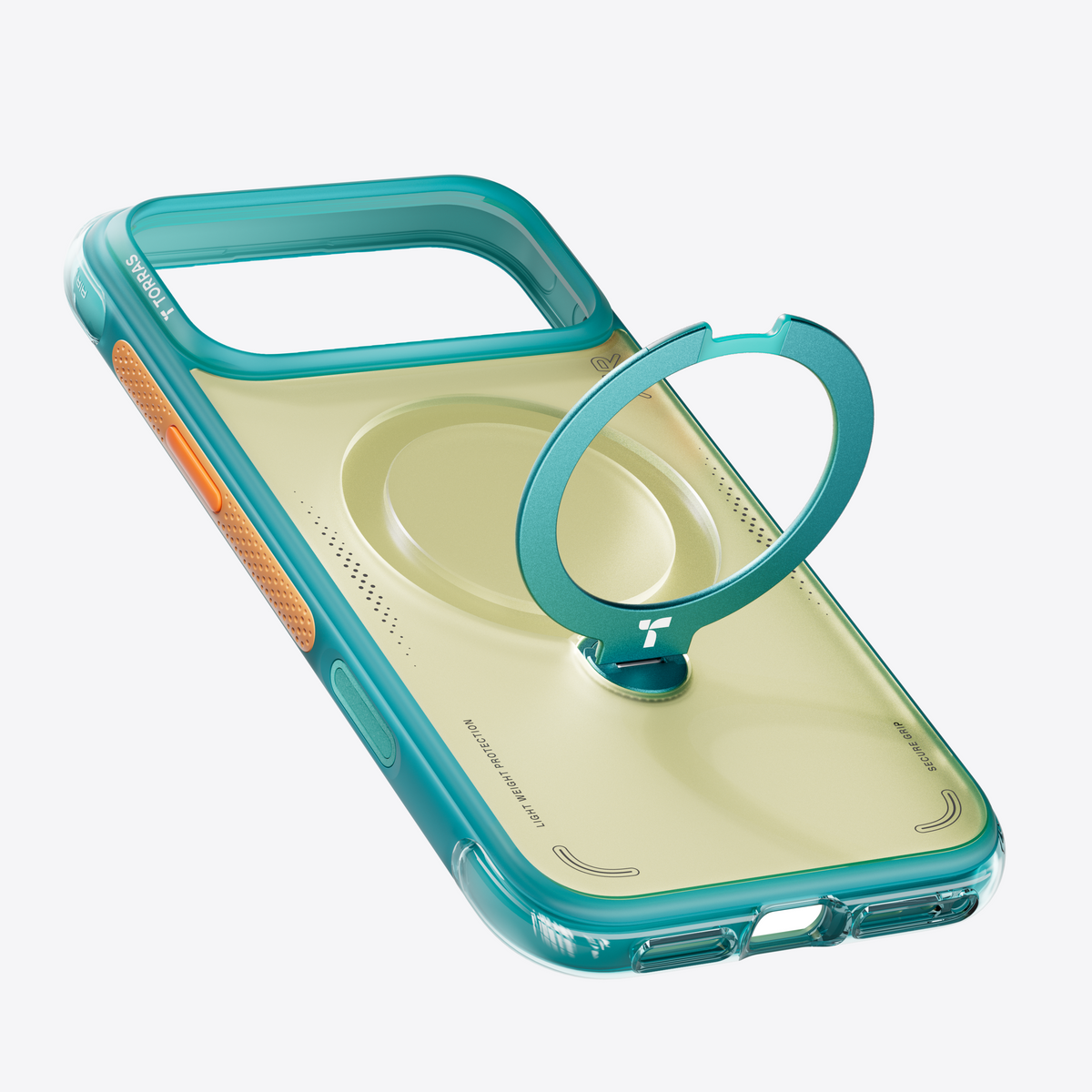 Lemon Sky Q3 Air Summer case at an angle with the teal ring stand swung open, charge port visible