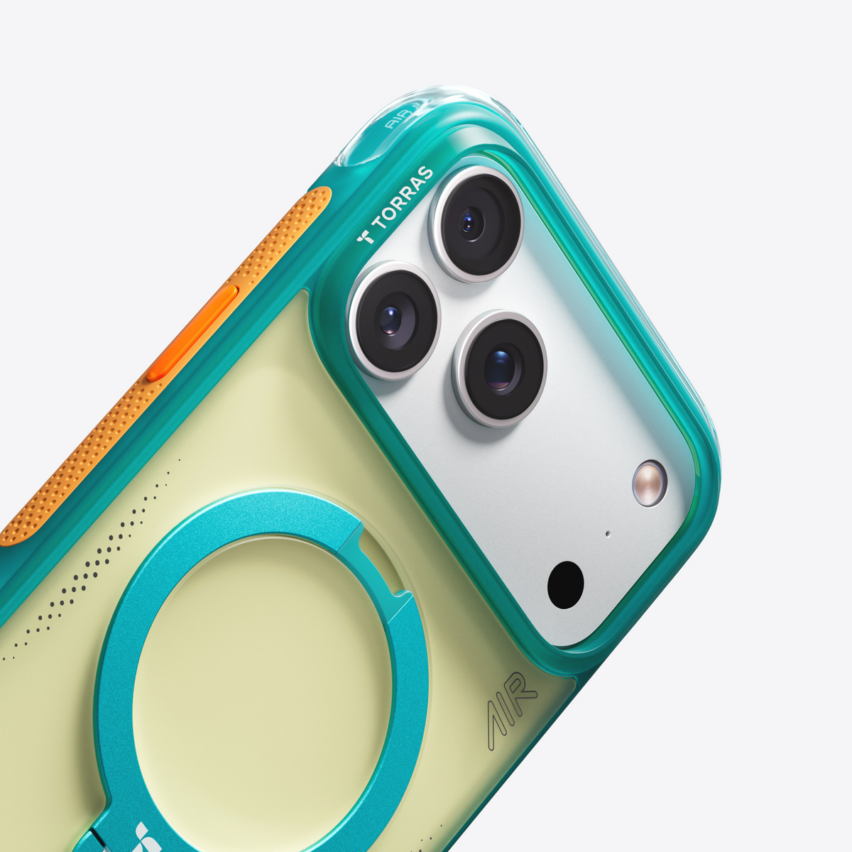 Close-up of the Lemon Sky case's teal frame, orange grip pad and teal ring on an iPhone 18 Pro Max