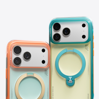 Coral and teal Q3 Air Summer cases side by side, camera cut-outs and ring stands facing forward