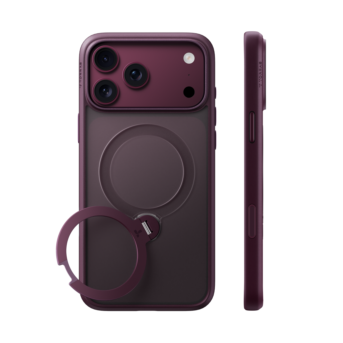 Dusk Purple Q3 Spin case on iPhone 18 Pro Max, back and side views: frosted wine-purple with a matching ring stand