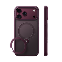 Dusk Purple Q3 Spin case on iPhone 18 Pro Max, back and side views: frosted wine-purple with a matching ring stand