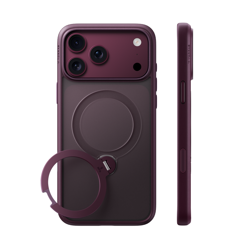 Dusk Purple Q3 Spin case on iPhone 18 Pro Max, back and side views: frosted wine-purple with a matching ring stand